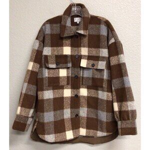 By Together NWT Shacket Womens Medium Button Brown Plaid Jacket Wool Blend